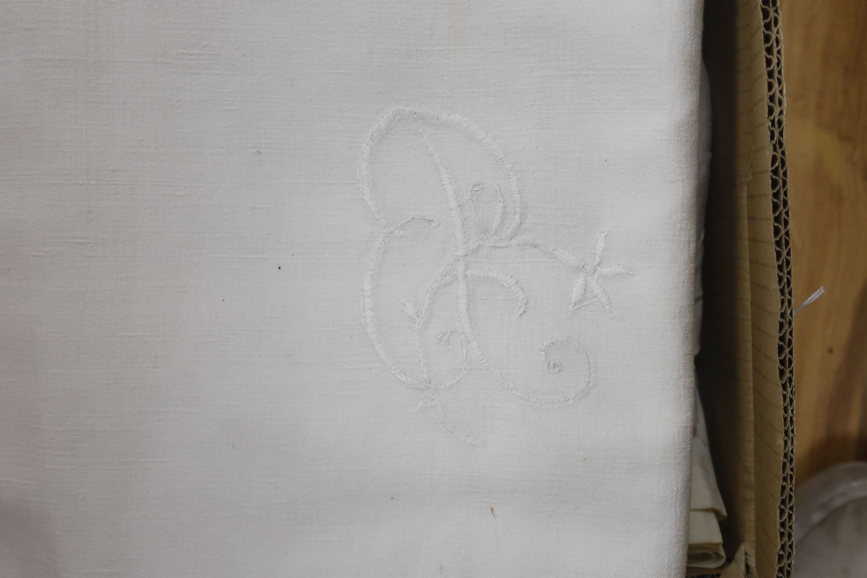 Six French provincial embroidered linen sheets